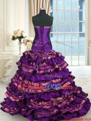 Fine Purple Quince Ball Gowns Military Ball and Sweet 16 and Quinceanera and For with Appliques and Ruffled Layers and Bowknot Sweetheart Sleeveless Brush Train Lace Up