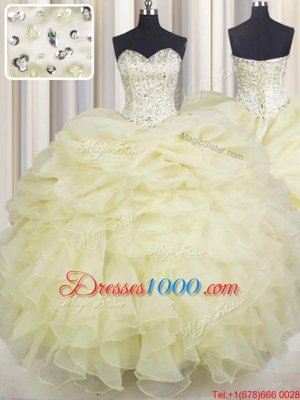 Glittering Light Yellow Ball Gowns Organza Sweetheart Sleeveless Beading and Ruffles Floor Length Lace Up 15 Quinceanera Dress