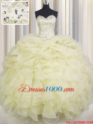 Glittering Light Yellow Ball Gowns Organza Sweetheart Sleeveless Beading and Ruffles Floor Length Lace Up 15 Quinceanera Dress