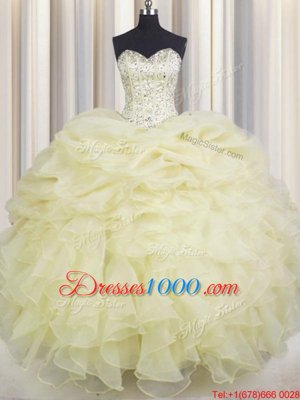 Glittering Light Yellow Ball Gowns Organza Sweetheart Sleeveless Beading and Ruffles Floor Length Lace Up 15 Quinceanera Dress