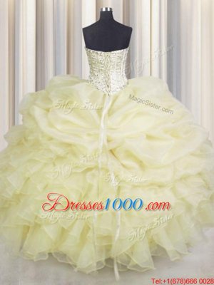 Glittering Light Yellow Ball Gowns Organza Sweetheart Sleeveless Beading and Ruffles Floor Length Lace Up 15 Quinceanera Dress