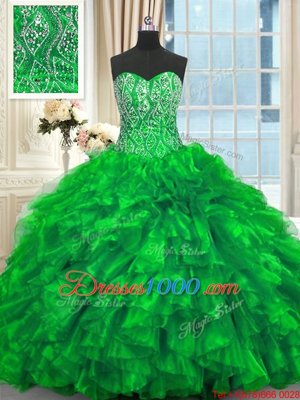 Captivating Green Ball Gown Prom Dress Organza Brush Train Sleeveless Beading and Ruffles