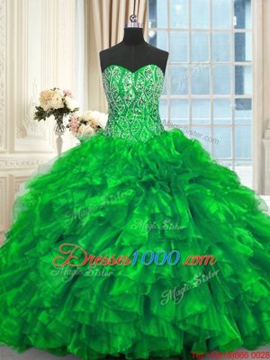 Captivating Green Ball Gown Prom Dress Organza Brush Train Sleeveless Beading and Ruffles