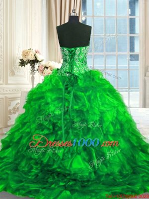 Captivating Green Ball Gown Prom Dress Organza Brush Train Sleeveless Beading and Ruffles