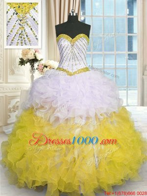 Eye-catching Floor Length Ball Gowns Sleeveless Yellow And White Quinceanera Dress Lace Up
