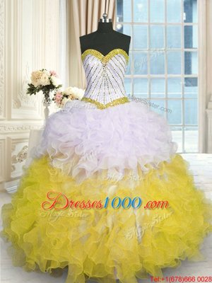 Eye-catching Floor Length Ball Gowns Sleeveless Yellow And White Quinceanera Dress Lace Up