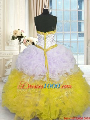 Eye-catching Floor Length Ball Gowns Sleeveless Yellow And White Quinceanera Dress Lace Up