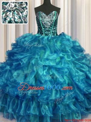 Teal Sleeveless Beading and Ruffles Floor Length 15 Quinceanera Dress