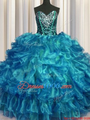 Teal Sleeveless Beading and Ruffles Floor Length 15 Quinceanera Dress