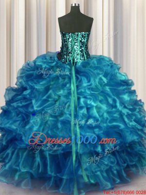 Teal Sleeveless Beading and Ruffles Floor Length 15 Quinceanera Dress
