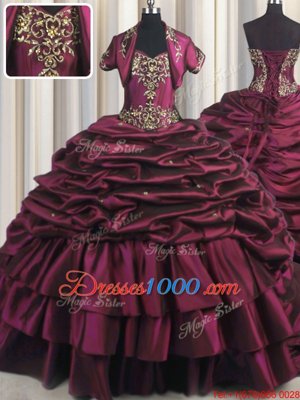 Fantastic Burgundy Ball Gowns Sweetheart Sleeveless Taffeta With Brush Train Lace Up Beading and Appliques and Pick Ups Quinceanera Gowns