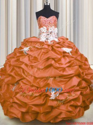 Orange Red Ball Gowns Sweetheart Sleeveless Taffeta With Brush Train Lace Up Appliques and Sequins and Pick Ups Quinceanera Gown