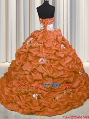 Orange Red Ball Gowns Sweetheart Sleeveless Taffeta With Brush Train Lace Up Appliques and Sequins and Pick Ups Quinceanera Gown