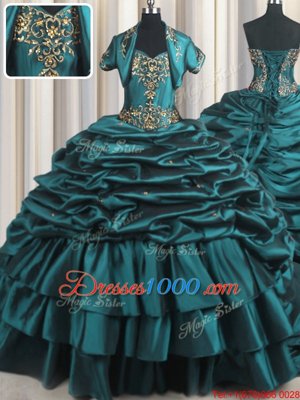 Teal Ball Gowns Beading and Appliques and Pick Ups Quince Ball Gowns Lace Up Taffeta Sleeveless With Train