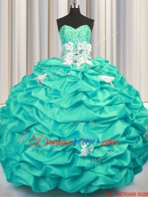 Super With Train Lace Up Quinceanera Dresses Turquoise and In for Military Ball and Sweet 16 and Quinceanera with Appliques and Sequins and Pick Ups Brush Train