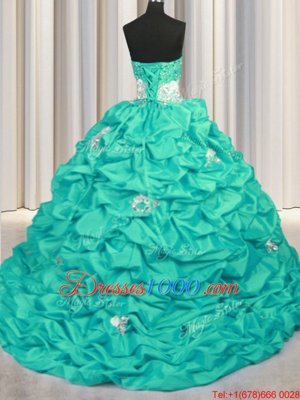 Super With Train Lace Up Quinceanera Dresses Turquoise and In for Military Ball and Sweet 16 and Quinceanera with Appliques and Sequins and Pick Ups Brush Train