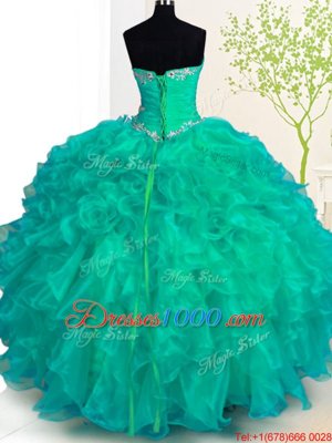 Flare Sleeveless Lace Up Floor Length Beading and Ruffles Ball Gown Prom Dress