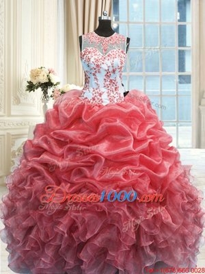 Scoop Watermelon Red Zipper Quinceanera Gowns Beading and Ruffles Sleeveless Floor Length