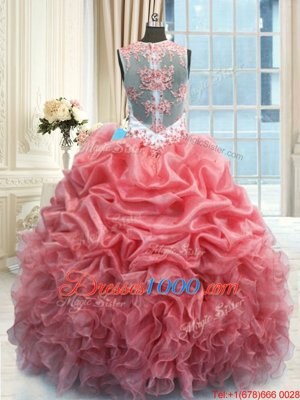 Scoop Watermelon Red Zipper Quinceanera Gowns Beading and Ruffles Sleeveless Floor Length