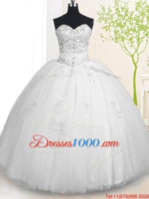 White Lace Up Quince Ball Gowns Beading and Appliques Sleeveless Floor Length