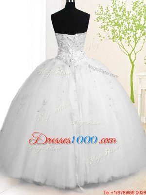 White Lace Up Quince Ball Gowns Beading and Appliques Sleeveless Floor Length