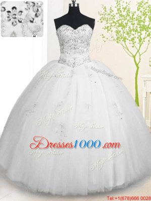 White Lace Up Quince Ball Gowns Beading and Appliques Sleeveless Floor Length