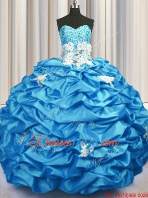 Graceful Aqua Blue Sleeveless With Train Appliques and Sequins and Pick Ups Lace Up Sweet 16 Dress