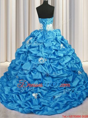 Graceful Aqua Blue Sleeveless With Train Appliques and Sequins and Pick Ups Lace Up Sweet 16 Dress