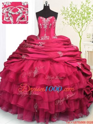 Rose Pink Ball Gowns Organza and Taffeta Strapless Sleeveless Beading and Appliques and Ruffled Layers and Pick Ups With Train Lace Up Quinceanera Dresses Brush Train