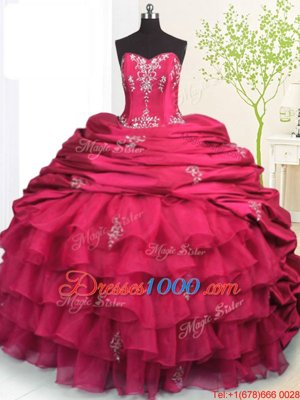 Rose Pink Ball Gowns Organza and Taffeta Strapless Sleeveless Beading and Appliques and Ruffled Layers and Pick Ups With Train Lace Up Quinceanera Dresses Brush Train