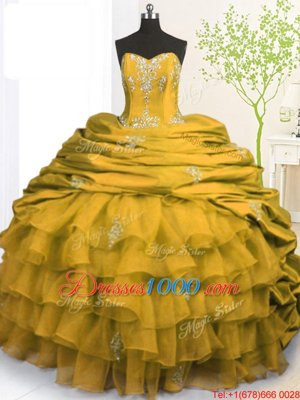 Ideal Gold Organza and Taffeta Lace Up Quinceanera Gowns Sleeveless With Brush Train Beading and Appliques and Ruffled Layers and Pick Ups