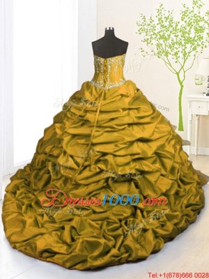 Ideal Gold Organza and Taffeta Lace Up Quinceanera Gowns Sleeveless With Brush Train Beading and Appliques and Ruffled Layers and Pick Ups