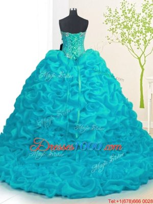 Discount Sweetheart Sleeveless Organza Sweet 16 Dress Beading and Ruffles Brush Train Lace Up