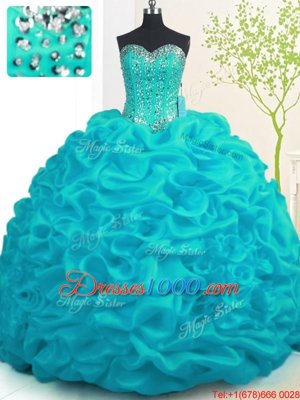 Discount Sweetheart Sleeveless Organza Sweet 16 Dress Beading and Ruffles Brush Train Lace Up