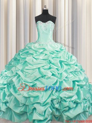 Best Brush Train Sleeveless Floor Length Beading and Pick Ups Lace Up Sweet 16 Dresses with Apple Green