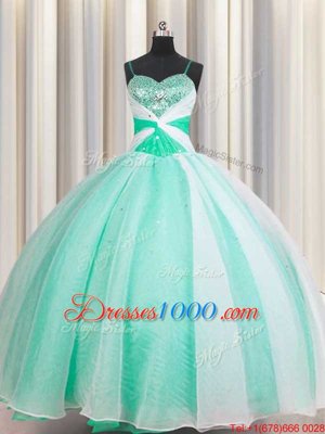 Spaghetti Straps Apple Green Lace Up Sweet 16 Dress Beading and Ruching Sleeveless Floor Length