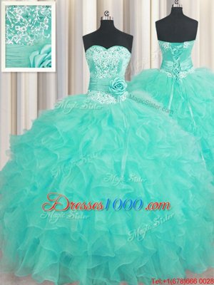 Traditional Handcrafted Flower Aqua Blue Lace Up Sweet 16 Dresses Beading and Ruffles and Hand Made Flower Sleeveless Floor Length