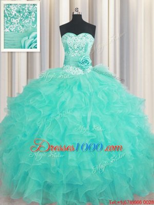 Traditional Handcrafted Flower Aqua Blue Lace Up Sweet 16 Dresses Beading and Ruffles and Hand Made Flower Sleeveless Floor Length