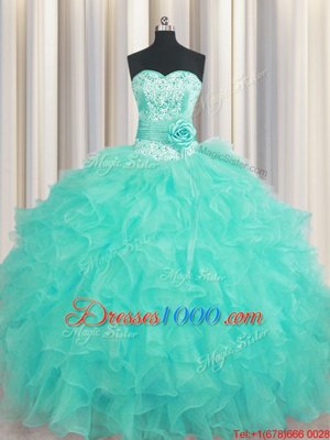 Traditional Handcrafted Flower Aqua Blue Lace Up Sweet 16 Dresses Beading and Ruffles and Hand Made Flower Sleeveless Floor Length