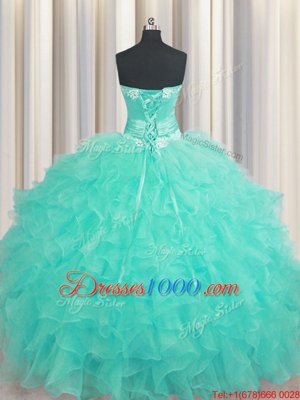 Traditional Handcrafted Flower Aqua Blue Lace Up Sweet 16 Dresses Beading and Ruffles and Hand Made Flower Sleeveless Floor Length