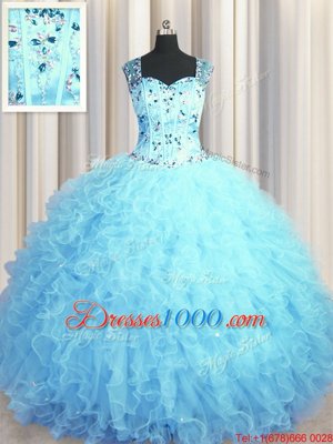See Through Zipper Up Baby Blue Sleeveless Tulle Zipper 15 Quinceanera Dress for Military Ball and Sweet 16 and Quinceanera