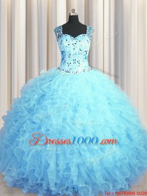 See Through Zipper Up Baby Blue Sleeveless Tulle Zipper 15 Quinceanera Dress for Military Ball and Sweet 16 and Quinceanera