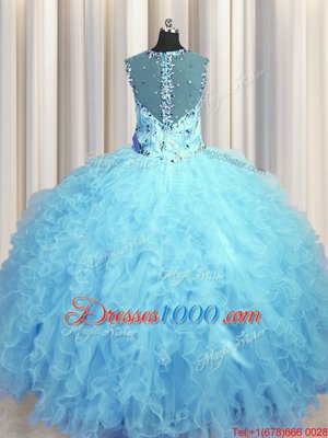 See Through Zipper Up Baby Blue Sleeveless Tulle Zipper 15 Quinceanera Dress for Military Ball and Sweet 16 and Quinceanera
