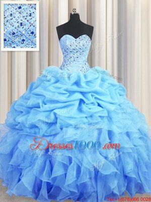 Sumptuous Sweetheart Sleeveless Quinceanera Dress Floor Length Beading and Ruffles and Pick Ups Baby Blue Organza