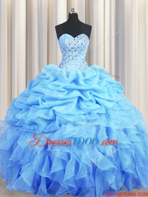 Sumptuous Sweetheart Sleeveless Quinceanera Dress Floor Length Beading and Ruffles and Pick Ups Baby Blue Organza