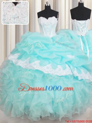 Modern Baby Blue Lace Up Quinceanera Gown Beading and Appliques and Ruffled Layers Sleeveless Floor Length