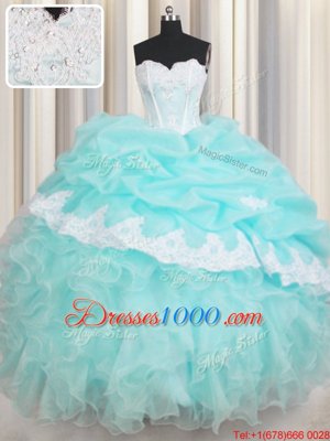 Modern Baby Blue Lace Up Quinceanera Gown Beading and Appliques and Ruffled Layers Sleeveless Floor Length