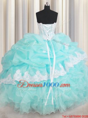 Modern Baby Blue Lace Up Quinceanera Gown Beading and Appliques and Ruffled Layers Sleeveless Floor Length