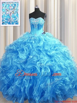 Organza Sleeveless Quinceanera Gown Sweep Train and Beading and Ruffles