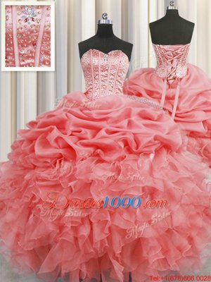 Visible Boning Watermelon Red Organza Lace Up Sweetheart Sleeveless Floor Length Quince Ball Gowns Beading and Ruffles and Pick Ups